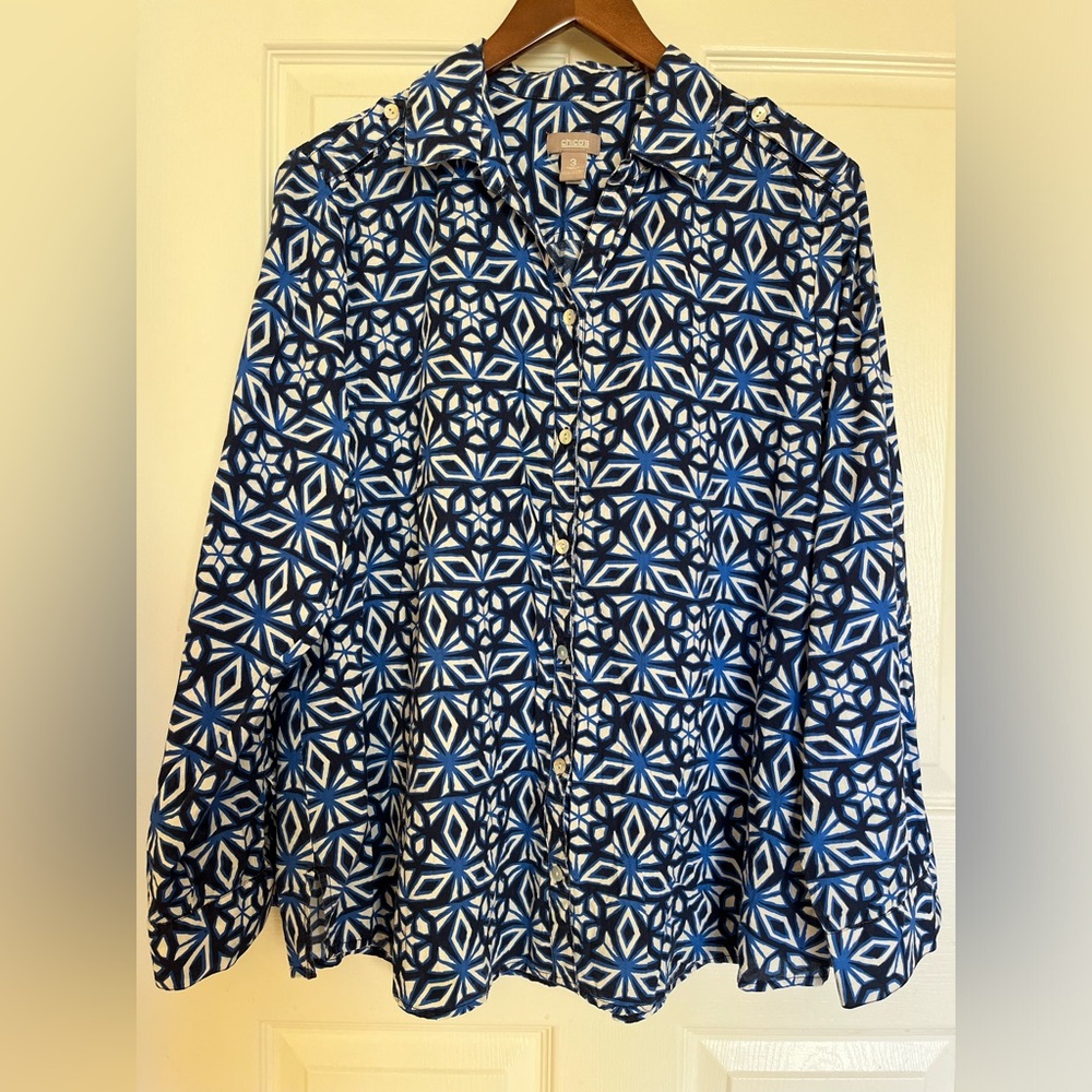 CHICO - Preowned Women’s 100% Cotton Printed Long Sleeve Shirt - Blue - Size 3